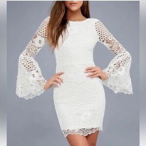 Lulu’s Angelisa White Lace Long Bell Sleeve Dress